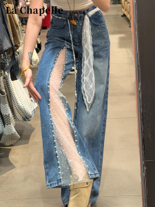 La Chapelle | Quần Jeans Dài Sàn Ống Rộng Thun Cao Phối Ren MESH Có Đính Sequin