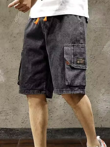 American High Street Retro Mens Denim Shorts Casual Workwear Street Style Summer Multi-Pocket Five-Part Pants