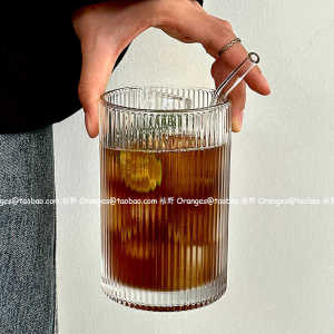 Large Capacity Glass Cup with Straw Retro Vertical Stripe Design Orange Juice Coffee Drink Water Cup Nordic Style Transparent