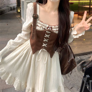 Sweet Waist-Cinching Vintage Long Sleeve Dress + Waist-Cinching Vest Two-Piece Set High Waist A-Line Short Dress for Commute