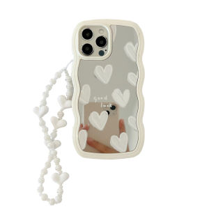 Watercolor Painting White Heart Mirror Phone Case for  15Pro Max 11 16Pro with Bracelet XS/12 Personalized 13Pro Two-In-One Anti-Fall Protection Cover