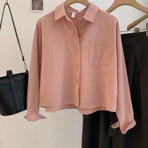 เสื้อเชิ้ตคอปกพับสไตล์ฝรั่งเศสสำหรับผู้หญิง ผ้าฝ้ายแท้ ทรงหลวม แขนยาว สีพื้น คอกลม เสื้อคาร์ดิแกนเปิดไหล่