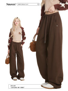 กางเกงวอร์มทรงตรงเอวสูงสำหรับผู้หญิง NERESUM กางเกงขายาวทรงตรงสไตล์ย้อนยุคแบบลำลอง ดีไซน์มีกระเป๋า ผ้าผสมคอตตอนและโพลีเอสเตอร์