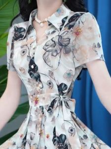 Fashionable Printed Dress Womens Elegant Waist-Cinching Belted Slimming Midi Skirt High Waist Polyester Summer New Arrival