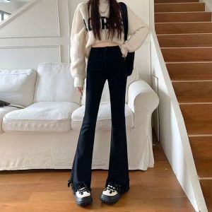 Black Fleece Lined Slimming High Waist Bell Bottom Jeans Womens Autumn Winter Thickened New Style Tassel Trim Denim Pants