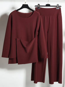 Fall New Arrival Simple Design Solid Color Asymmetrical Top High Waist Wide Leg Pants Set Womens Two Piece Pure Color Outfit