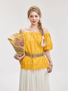 French Style Yellow Bubble Sleeve One Shoulder Shirt Womens Summer New High Waist Slimming Top Breathable Comfortable Short Sleeve