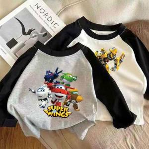 Boys Long Sleeve Cotton T-Shirt Patchwork Color Block American Style Spring Autumn Cartoon Print Casual Breathable Kids Clothes