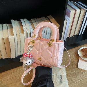 Mini Diamond‑Stitched Tote Handbag for Women Cute Fluffy Doll Pendant Adjustable Strap Crossbody Purse Sweet Solid Color Small