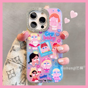 Korean Style Dopeamine Gradient Cute Cry Baby Applicable for Apple 16Pro Max Phone Case New iPhone 15 pro Individual 14 plus Glitter Diamond Frame 13Pro High Sense 17 Womens Model Protective Cases