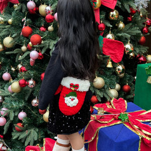 Cute Cartoon Knitted Wool Crossbody Bag for Girls Childrens Accessories Small Girl Backpack Geometric Pattern Red Christmas