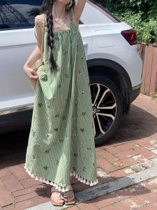 Váy Xanh Không Tay Thêu Hoa Ren Vải Lanh Dài Mùa Hè Cho Nữ Váy Chữ a Không Tay Váy Dự Tiệc Váy Dài Mùa Hè