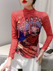 Retro Style Womens Long Sleeve T-Shirt Autumn New Design Button up Mesh Base Shirt Slim Fit Floral Print Commute Ready Top