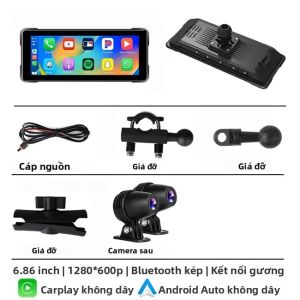 Camera Hành Trình Xe Máy 6.86 Inch Tích Hợp Dẫn Đường Bluetooth Kép Không Dây CarPlay & Android Auto Hệ Điều Hành Linux Chống Nước IP67 Dành Cho Màn Hình Xe Máy