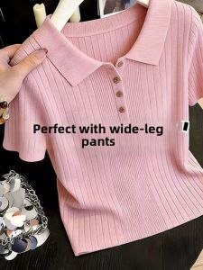 Pink Age-reducing Polo Knit Short Sleeve T-shirt Slimming