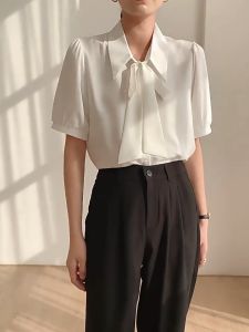 Korean bow ribbon top-fashionable polo collar and medium Short sleeved womens shirt