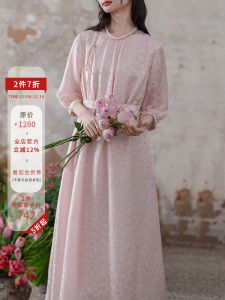 New Chinese Style Long Dress Silk  Linen Spot Pattern Embroidery Natural Waist H Type Spring Summer Autumn Dress