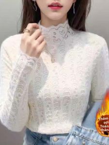 chaqi | Áo sơ mi ren dày cổ cao cho nữ thời trang thu đông phong cách Hàn Quốc dài tay màu trơn chất liệu khác 100% áo lót bên trong