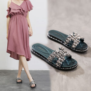 X.VL Korean-Style Summer Flip-Flops for Women Fashionable Pearl Leaf Design Casual Sandal Ideal for Beach and Daily Wear