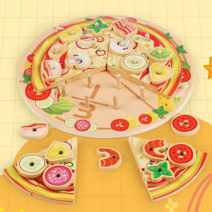 Wooden Simulation Pizza Children Play House Boy Girl Cake Dessert Cutting Game Music Fruit and Vegetable Cognition Wooden Toy