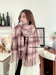 Thickened Plaid Scarf Womens Winter Korean Style Warmth Atmosphere Cashmere Imitation Neck Warmer Shoulder Two-In-One New 2024