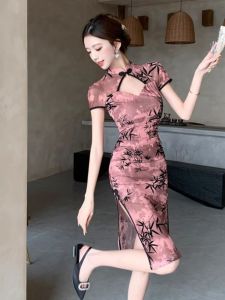 New Chinese Style Retro Improved Cheongsam Dress Women Summer High Sensation Slit Slim Short Sleeve Bodycon Skirt Dress