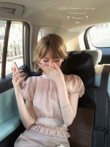 Sweet Waterlily Champagne Lady Lantern Sleeve Top Silk Micro Translucent Orchid Gauze Asymmetrical Design Pleated Half Skirt Womens Set