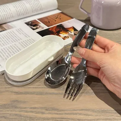 Portable 2 In 1 Childrens Utensil Set Stainless Steel Spoon Fork Cutlery Tableware Gift For Toddlers With Box Case Travel Kids
