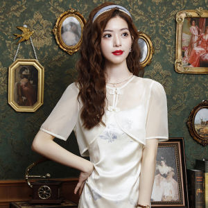 เสื้อเชิ้ตแขนสั้นกระดุมจีนสไตล์จีนแบบใหม่สำหรับผู้หญิงเสื้อคลุมไหล่ผ้าชีฟองกันแดดแบบบางสำหรับฤดูร้อนเดรสสายเดี่ยวเสื้อตัวนอก