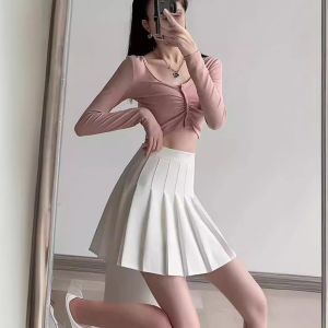 High Waist A-Line Mini Skirt Womens Spring Summer Autumn Pure Color Pleated Skirts Cute Style Polyester Fabric Slimming Effect