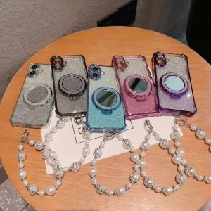 Bling Glitter Lipstick Mirror Stand Phone Case For Vivo V70 V 70 FE 70FE 7F V70Fe With Pearl Chain Anti-drop Shockproof Cover