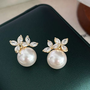 Bông Tai Thiết Kế Hoa Đá Zircon Và Ngọc Trai