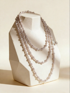 YISHU | Silver Leaf Pearl Gray Long Necklace