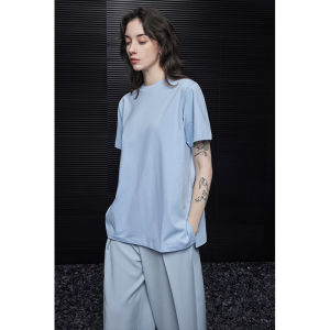 เสื้อยืดคอกลมแขนสั้นสีน้ำเงิน ทรงหลวม สไตล์ญี่ปุ่น สำหรับผู้หญิง ฤดูใบไม้ผลิ 2025 ดีไซน์เรียบง่าย สวมใส่สบาย ลำลอง