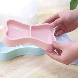 Chén cho chó mèo hình xương nhựa đôi bát khay ăn cho chó mèo