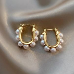 Stylish U-shaped Hoop Earrings Gold Color Imitation Pearl Earrings Wedding Party Luxury Accessories Womens Gifts K-