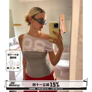 Taurasi Grey Mesh Splice Shoulder Digital Print T-Shirt Slim Fit Short Style Nylon And Spandex Blend Summer Fashion Ladies Top