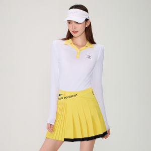 เสื้อผ้าสตรีสไตล์กอล์ฟฤดูใบไม้ร่วง/ฤดูหนาวมาใหม่พร้อมเสื้อยืดแขนยาวสีตัดกันมีปกกระโปรงยืดได้คุณภาพสูงทันสมัยเข้ารูปแห้งเร็วและระบายอากาศได้ดีชุดลูกบอลยางเล็กคุณภาพสูงป้องกันแสงจ้า