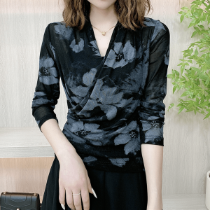 Fashionable V-Neck Long Sleeve Mesh Shirt for Middle-Aged Women New Cross Style Slimming Design Autumn Small Shirt Pure Color