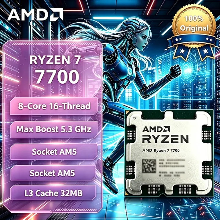 AMD | AMD Ryzen 7 R7 7700 CPU 5.3GHz 8-Core 16-Thread 40MB Cache 5NM Socket AM5 Gaming Processor with Graphics Without Package