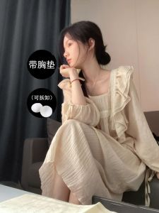 Spring Autumn Pure Cotton Womens Sleepwear with Chest Pad Internet Celebrity Style Long Sleeve Sleep Dress Casual Home Clothes