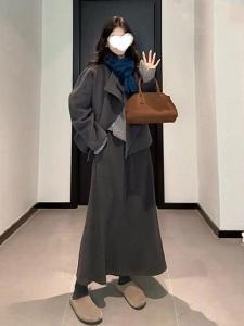 กระโปรงทรงเอผ้าขนสัตว์สีเทาเข้มสำหรับผู้หญิง ฤดูใบไม้ร่วง/ฤดูหนาว กระโปรงทรงเอเอวสูง ทรงลำลอง กระโปรงทรงเอทรงเอ