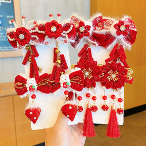 Princess Style New Year Hair Clip for Girls Tassel Hair Accessories Red Butterfly Knot Hanfu Festive Childrens Hair Decorations