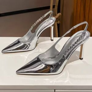 Pointed-Toe Fashion Classy High Heels Womens 2024 Summer New Arrival Strap Silver Fairy Style Rhinestone Stiletto Sandals