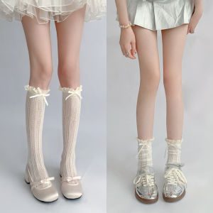Japanese Style Sweet Girls Long Socks Stockings JK Lolita Bowknot Ruffles Knee Socks Mesh Fishnet Stockings Hollowed Socks
