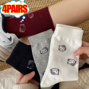 ถุงเท้า Sanrio Hello Kitty Y2K เกาหลีผู้หญิงหญิงสาวกลางถุงเท้าทรงท่อ4คู่ถุงเท้าผ้าฝ้ายการ์ตูนอนิเมะฮาราจูกุฤดูใบไม้ผลิฤดูร้อนระบายอากาศ