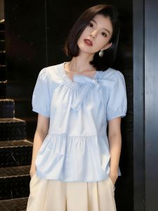 SHUAIYUE | Áo Blouse Màu Xanh Ôm Dáng Tay Bóng Đai Nơ