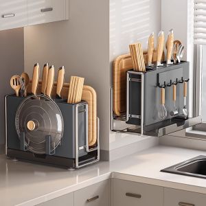 Modern Minimalist Kitchen Knife Rack Wall Mounted Storage Shelf Integrated Chopping Board Utensil Holder Home Use Carbon Steel