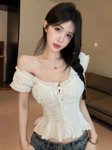 GUZILIAN | Off-shoulder Short-sleeved Ruffle Waist Puff-sleeve Lace Teeshirt