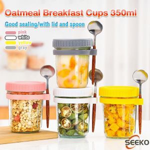 Seeko 350ml Reusable Overnight Oats Jars With Spoon Airtight Oatmeal Cup Container Breakfast Cups